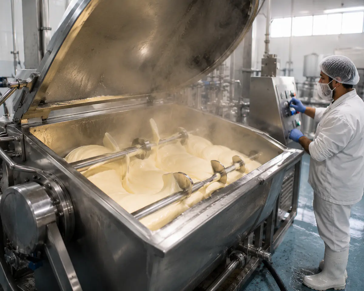 Operador supervisando el cocimiento del queso análogo en planta, con la masa fundida caliente en el equipo de producción