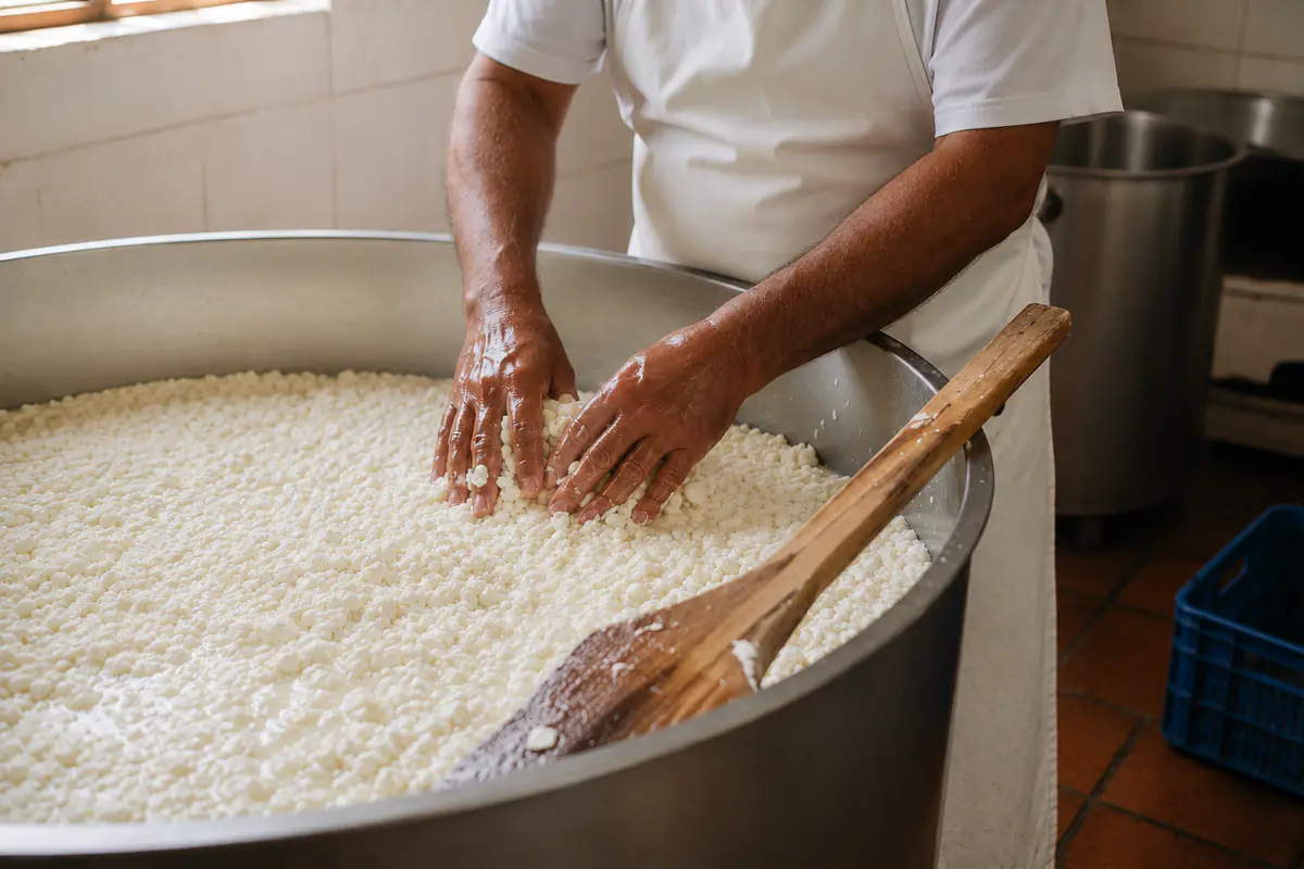 Quesero trabajando la cuajada en tina de acero durante la producción