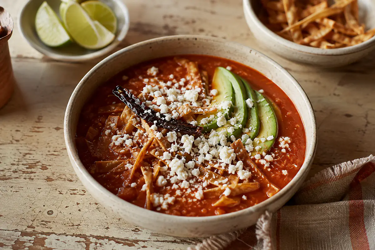 Plato de sopa de tortilla con aguacate, chile pasilla y queso cotija análogo espolvoreado