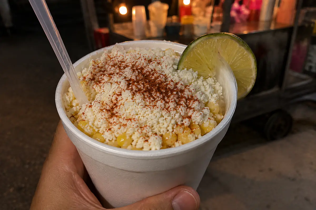 Vaso de esquite con grano, mayonesa, chile en polvo y queso elotero análogo espolvoreado en un puesto callejero