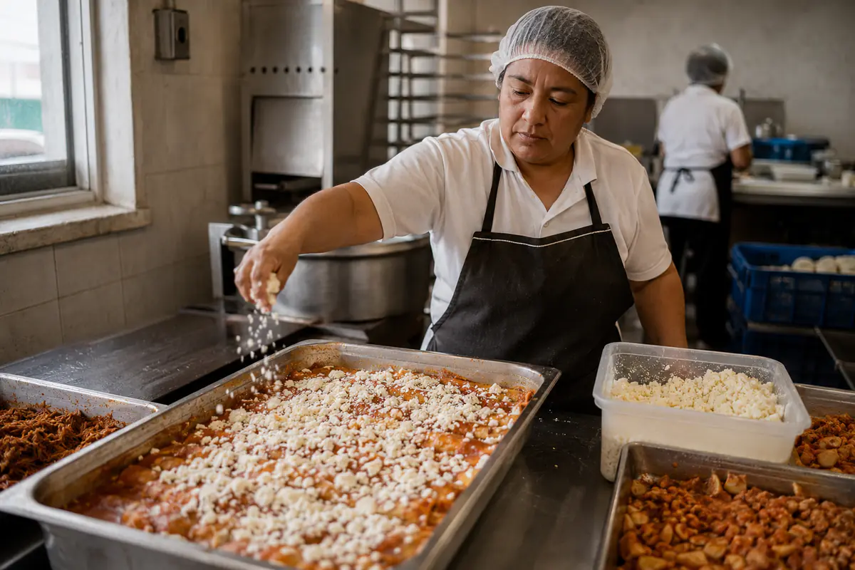 Cocinera en cocina central esparciendo queso molido sobre una charola de enchiladas para servicio de volumen