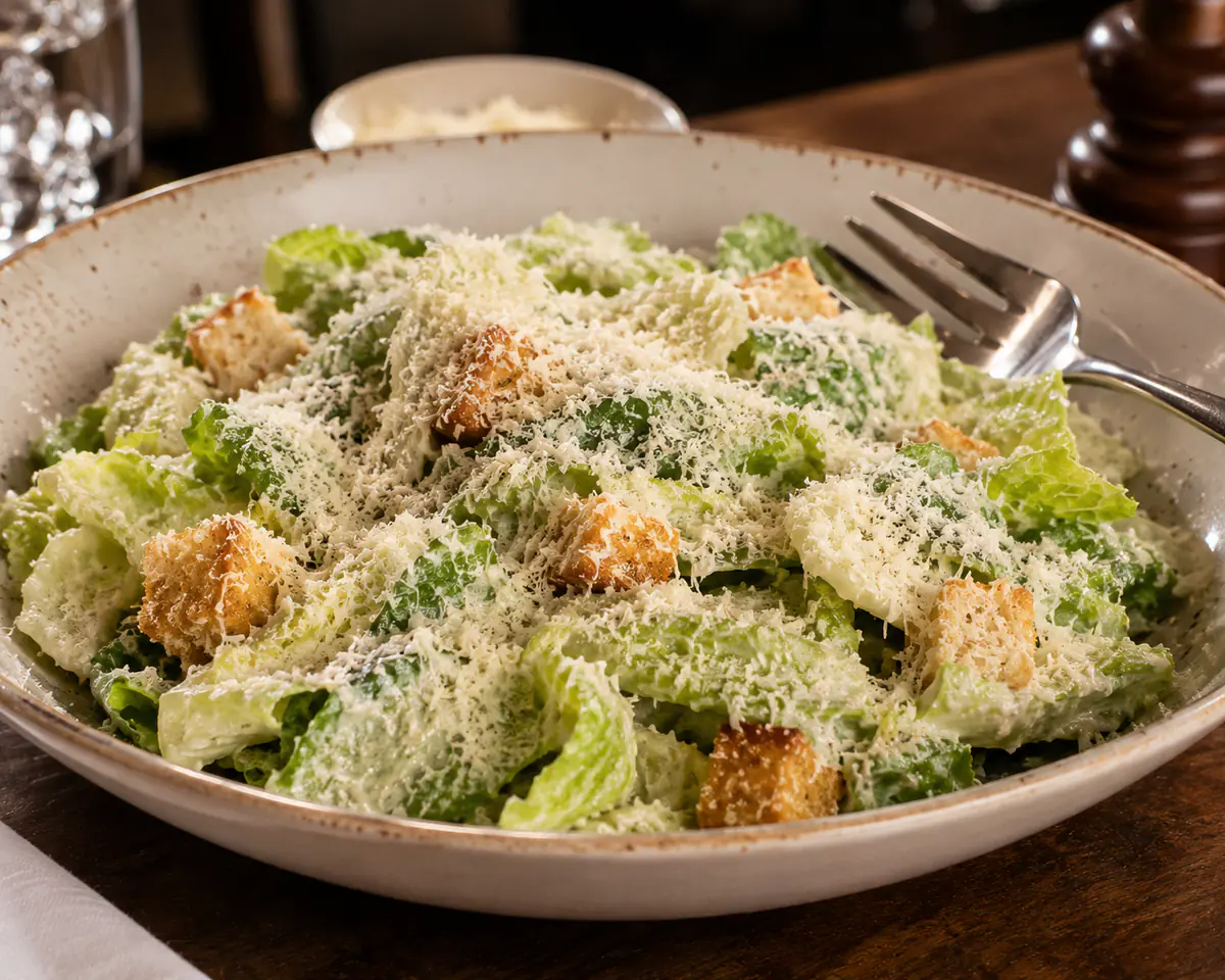 Ensalada Caesar con crotones y una capa de queso parmesano análogo rallado fino