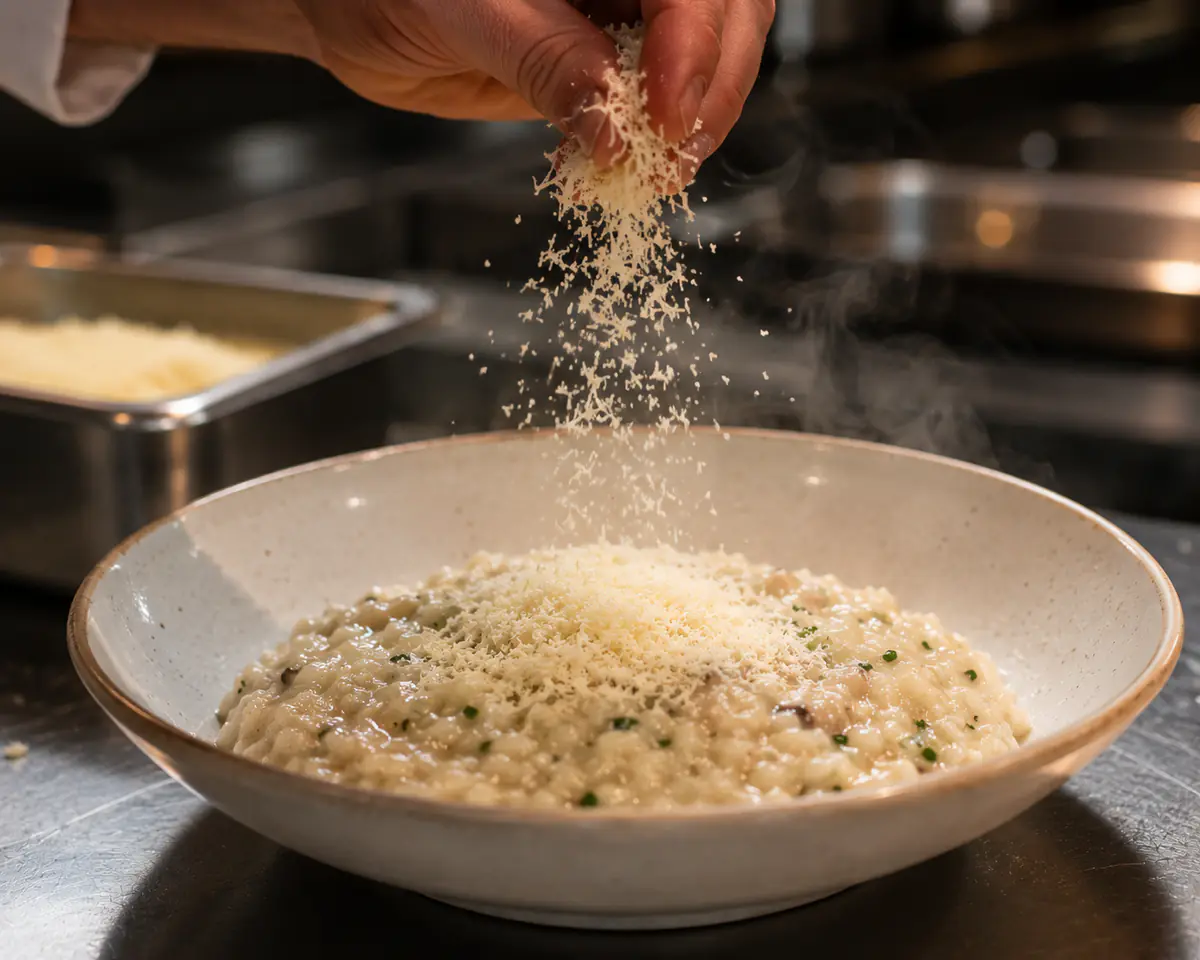Chef terminando un risotto con queso parmesano análogo rallado fino en la cocina