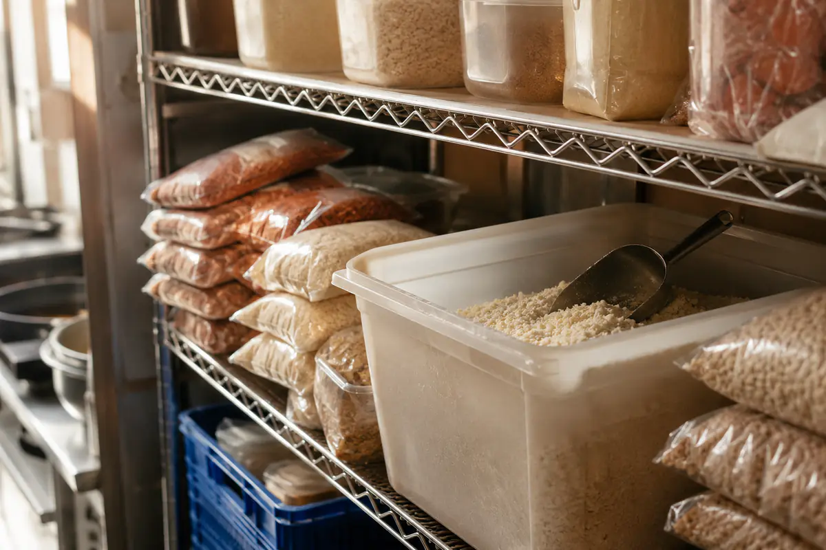 Estante seco de cocina con insumos a temperatura ambiente y un contenedor de queso seco con cuchara
